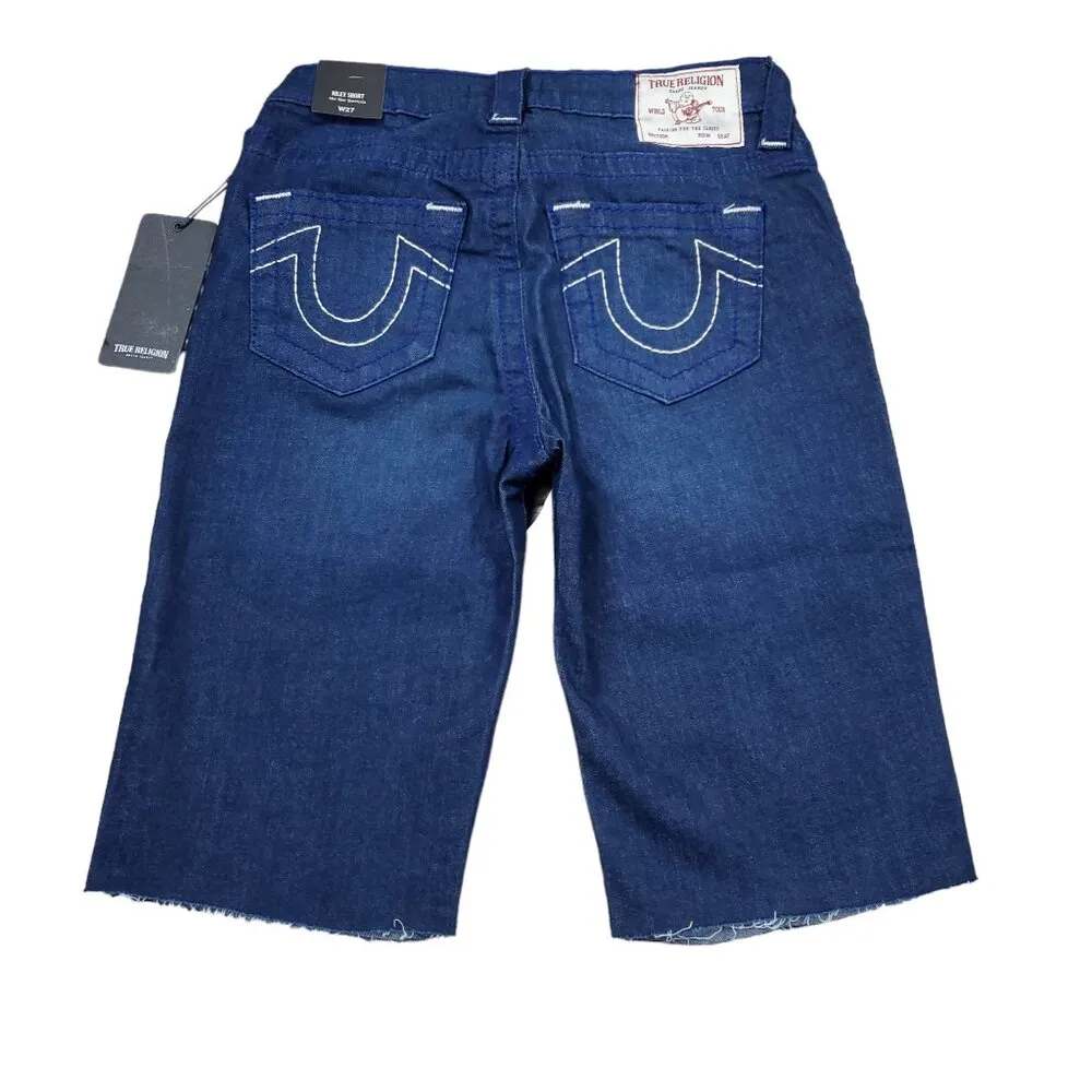 True Religion Riley Big T Raw Hem Mid Rise Bermuda Jean Shorts Dark Wash Size 27 - Image 2