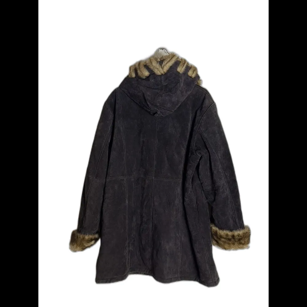 Dennis Basso Coat Womens 2X Brown Leather Faux Fur Trim Hooded Button Long - Image 10