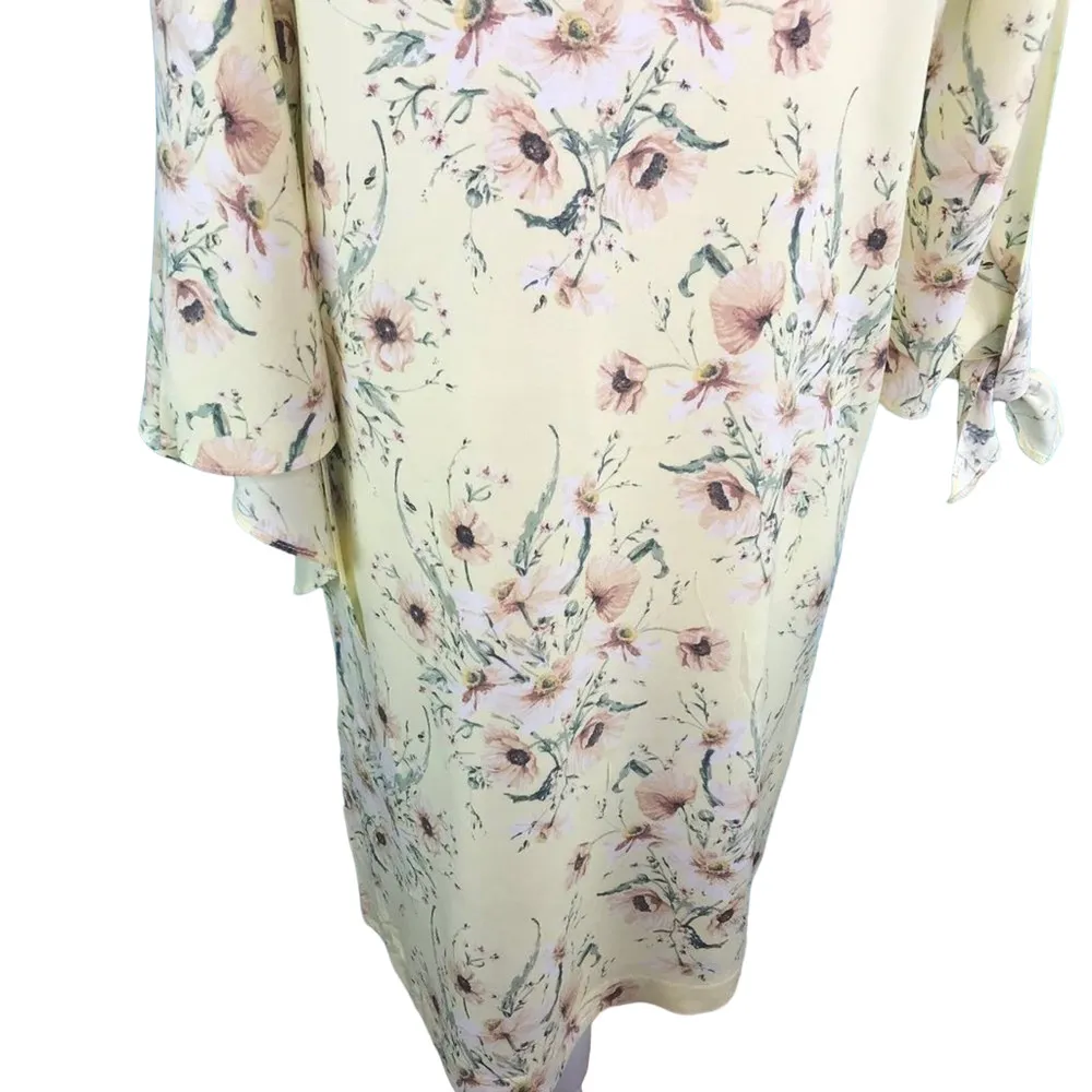H&M Yellow Spring Floral Shift Dress Tie Sleeves Wedding Guest Baby Shower Dress - Image 5
