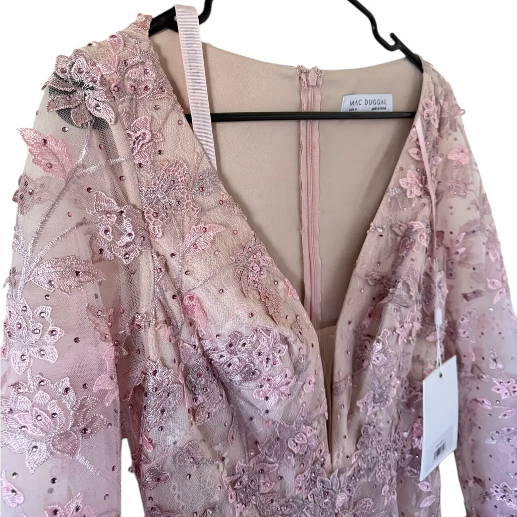 NEW Mac Duggal Pink Floral Applique Long Sleeve Illusion Gown - Image 3