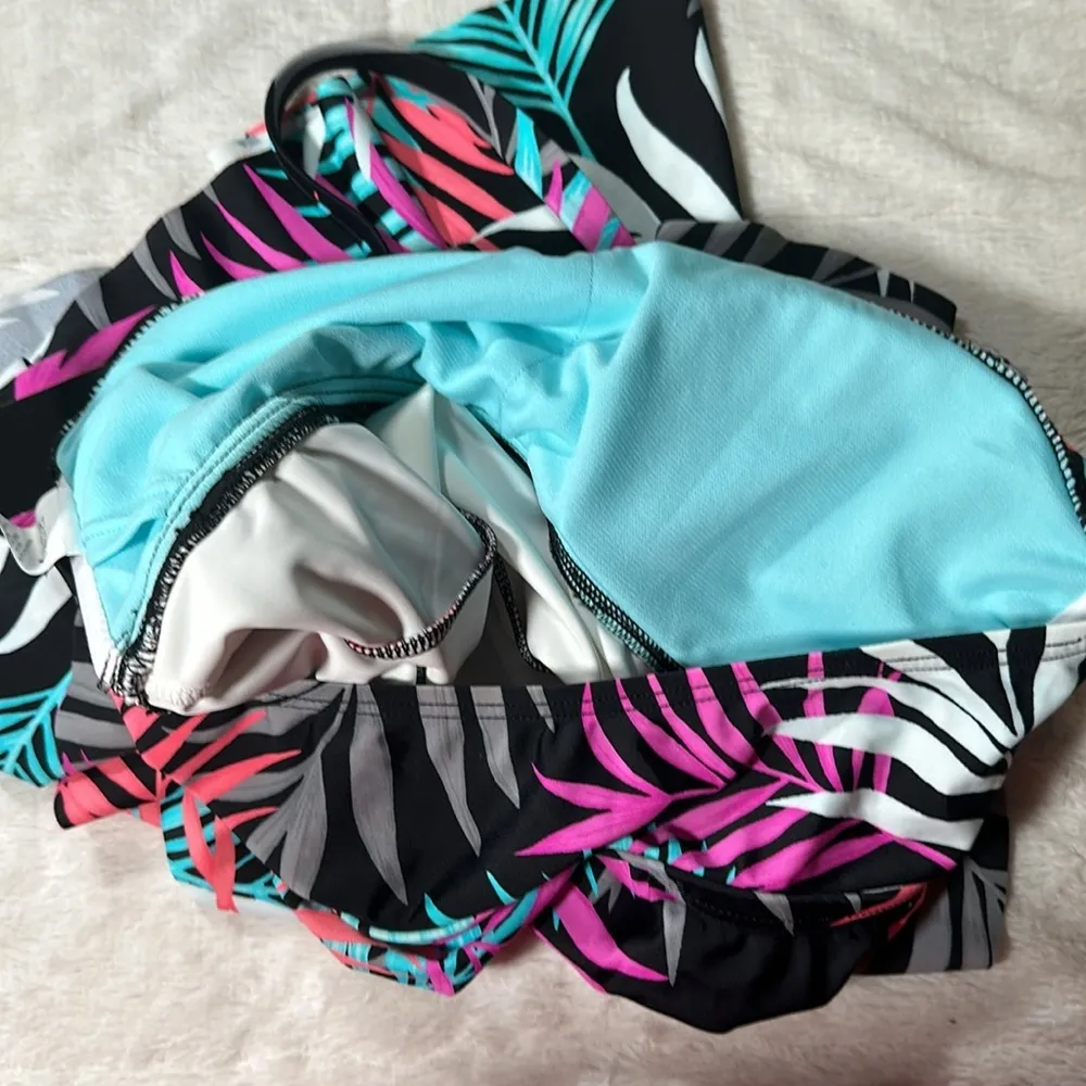 Island Escape Neon Hawaiian Tropical Palm Convertible Tankini Swimsuit Top 8 NEW Black - Image 6