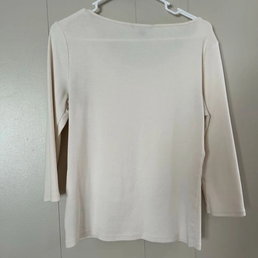 Lauren Ralph Lauren Cream Embellished Scoop Neck Top | 3/4 Sleeve | Size Medium - Image 4