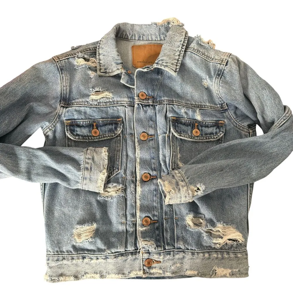 American Eagle Distressed Denim Jacket Women Size XXS Blue‎ Jean Frayed Edgy - Image 7
