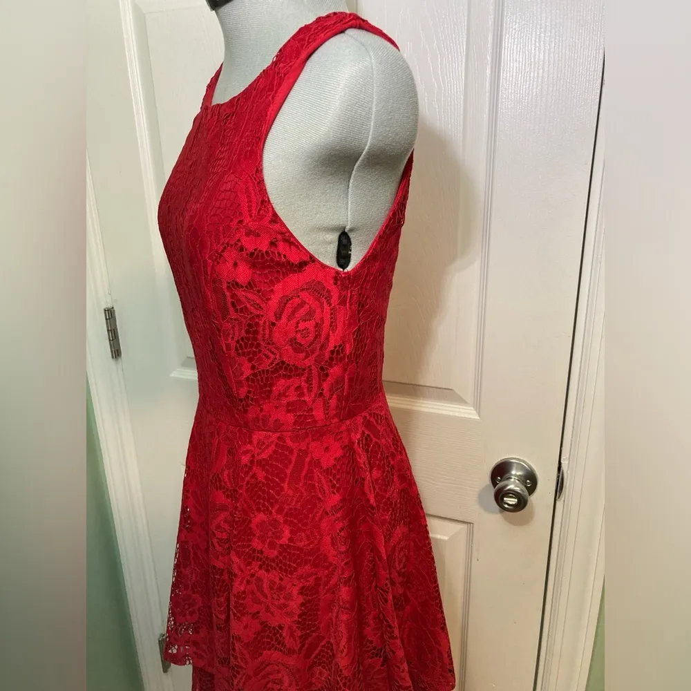 NWT - Junior’s XS -  Tiered Fit & Flare Lace Dress - Dark Red - Image 2