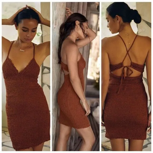 Anthropologie The Ellen Mini Dress Ruched Smocked Bodycon Sleeveless Brown L NEW - Image 2