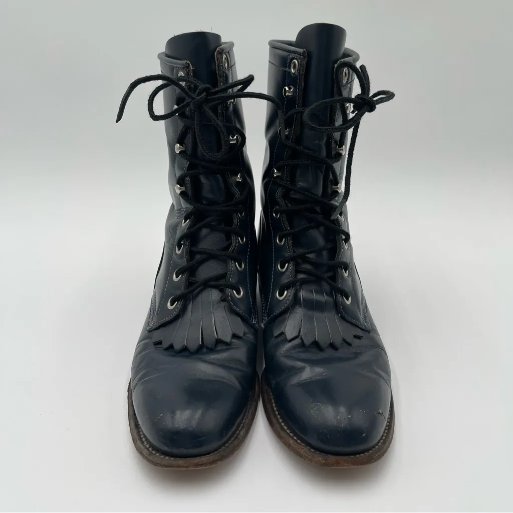 Vtg Justin Western Roper Kiltie Hiram Blue Womens Boots Lace Up Size 7C Fringe - Image 5