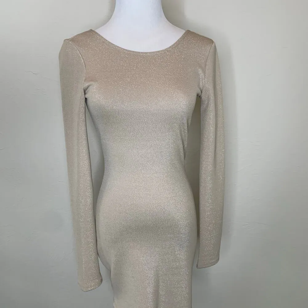 Nude Glittery Low Back Body Con Dress Long Sleeves Sz Small - Image 3