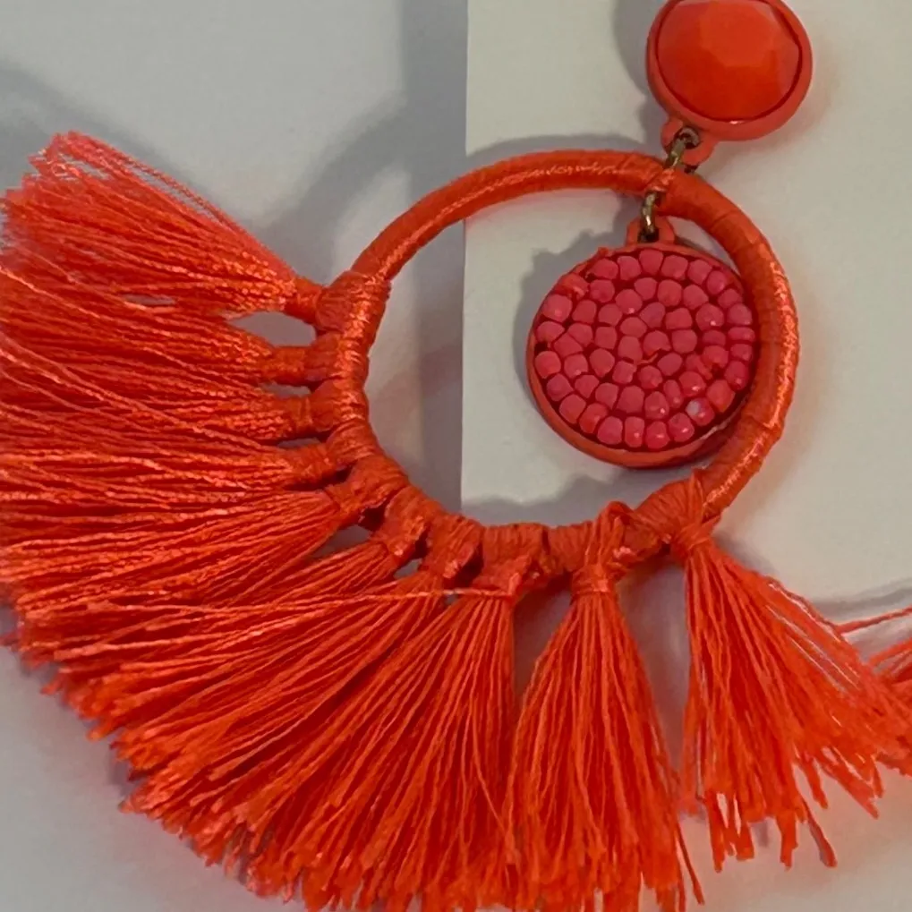 J. Crew Bright Orange Tassel Hoop Earrings Boho Fiesta Statement Dangle - Image 3