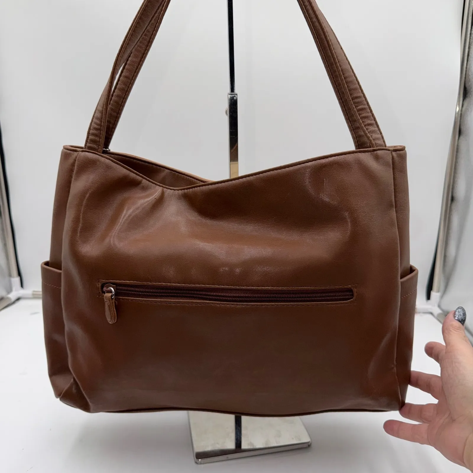 Sag Harbor Patchwork Shoulder Bag Brown Cream Faux Leather Tote Purse - Image 6