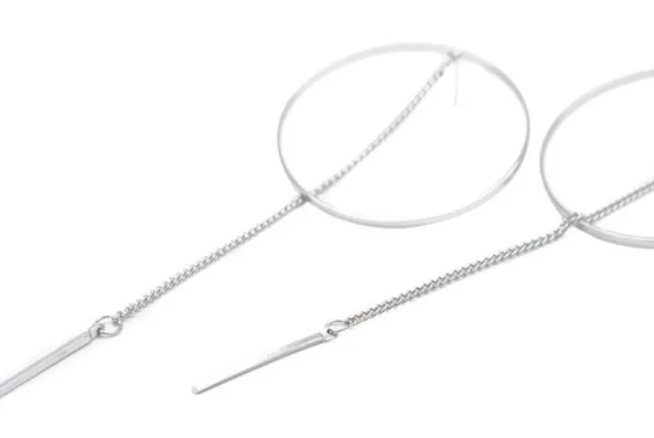 Big hoop, long tassel drop dangle earrings, silver - Image 2