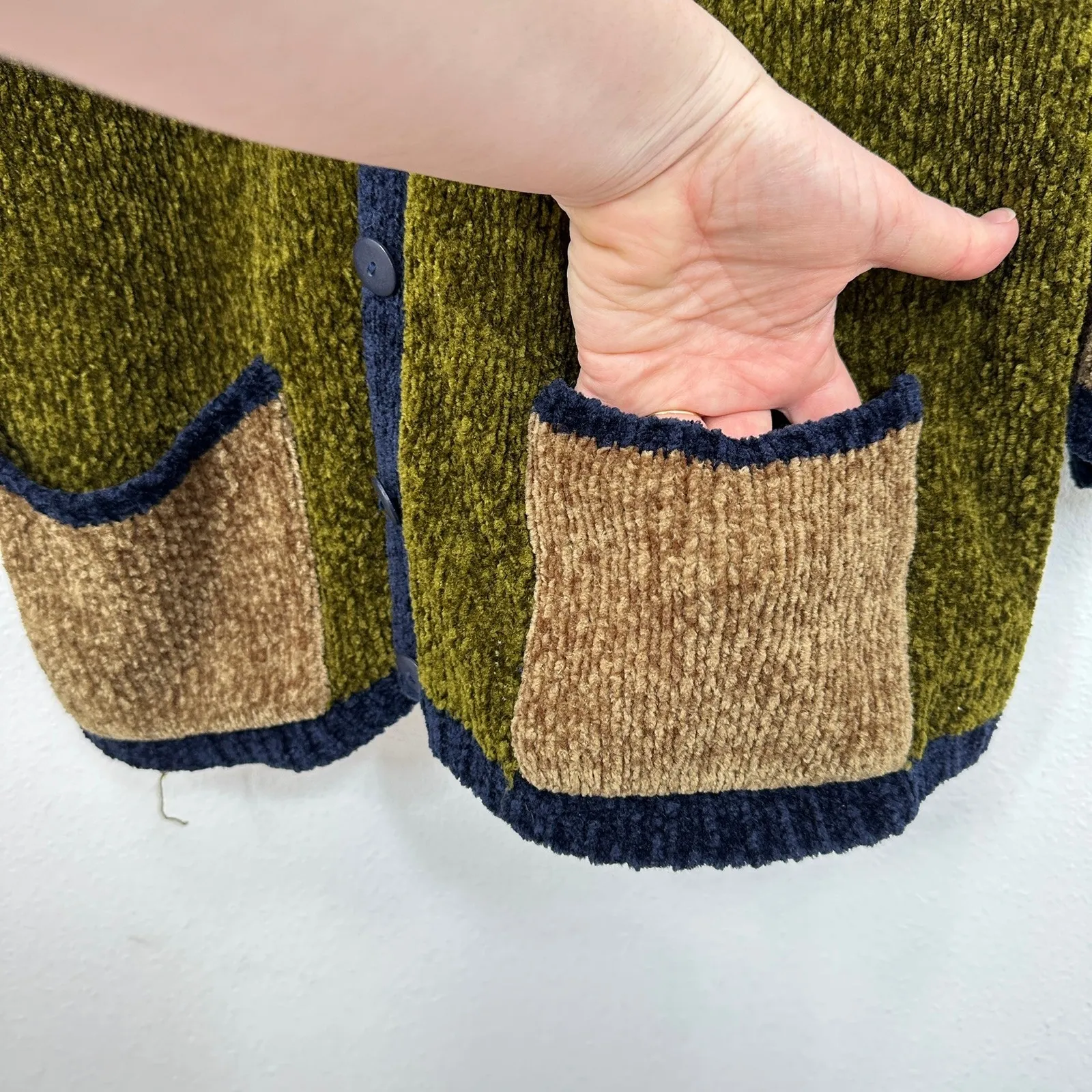 All Points Colorblock Chenille Cardigan Sweater Navy Blue Olive Brown Eclectic Green Size M - Image 6