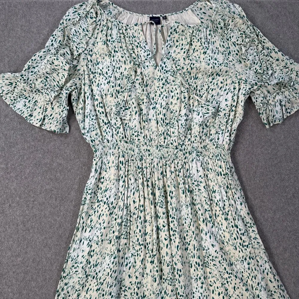 Kaari Blue Handkerchief Hem Midi Dress Women's Large Elastic Waist Ruffle Green - Image 2