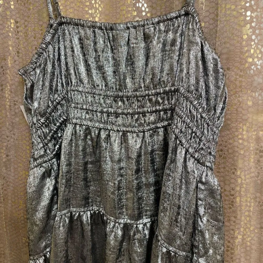 Old Navy Metallic Silver Waist Defined Cami Midi Dress Size M NWT - Image 8