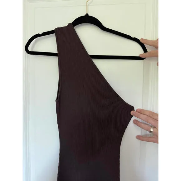 Ribbed Knit One Shoulder Bodycon Midi Dress Party Cocktail Brown‎ Size M Brown Size M - Image 5