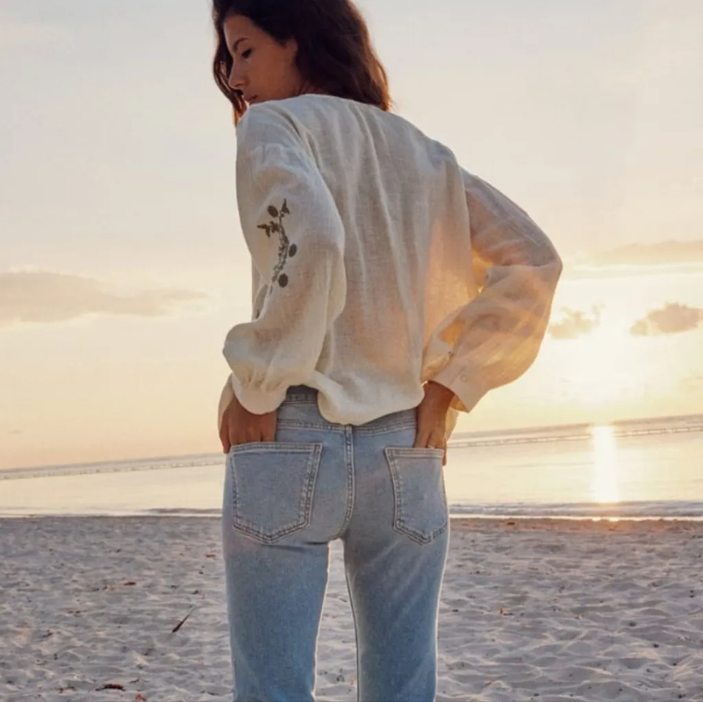 Zara Cream and Green Embroidered  Paisley Floral Peplum Top - Image 2