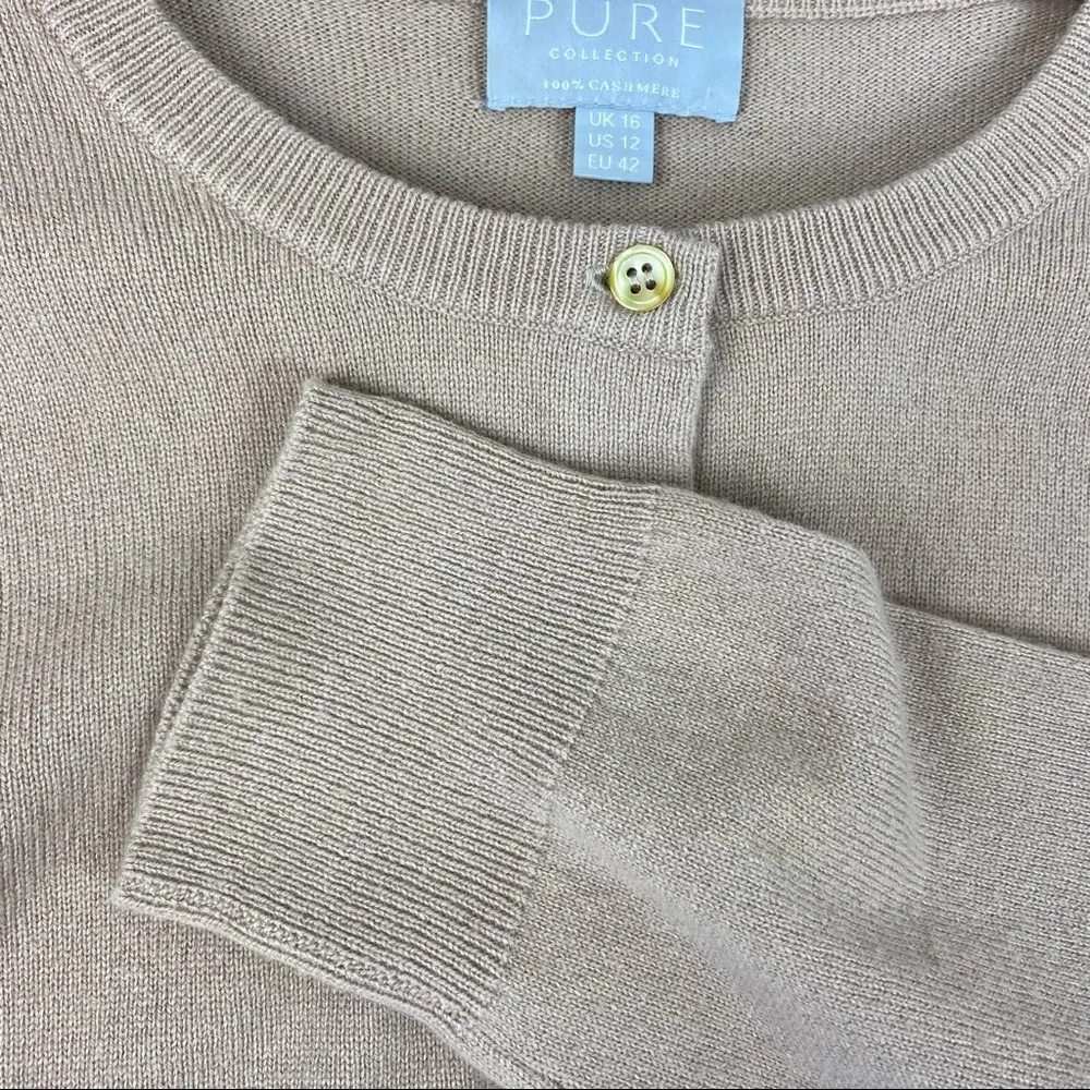 Pure Collection 100% Cashmere Long Sleeve Cardigan Button Up Sweater 12 Tan - Image 3