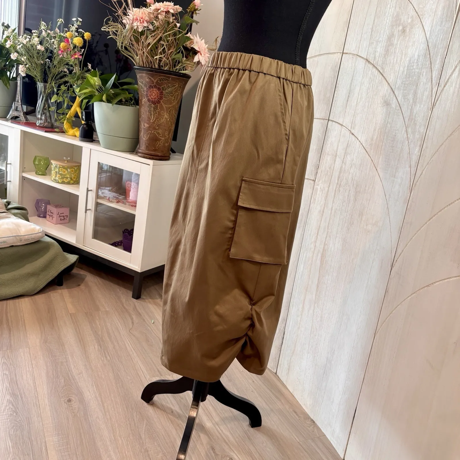 New FARORO Y2K Size Large Brown Cargo Balloon Skirt Elastic Waist Ruched Hem - Image 8