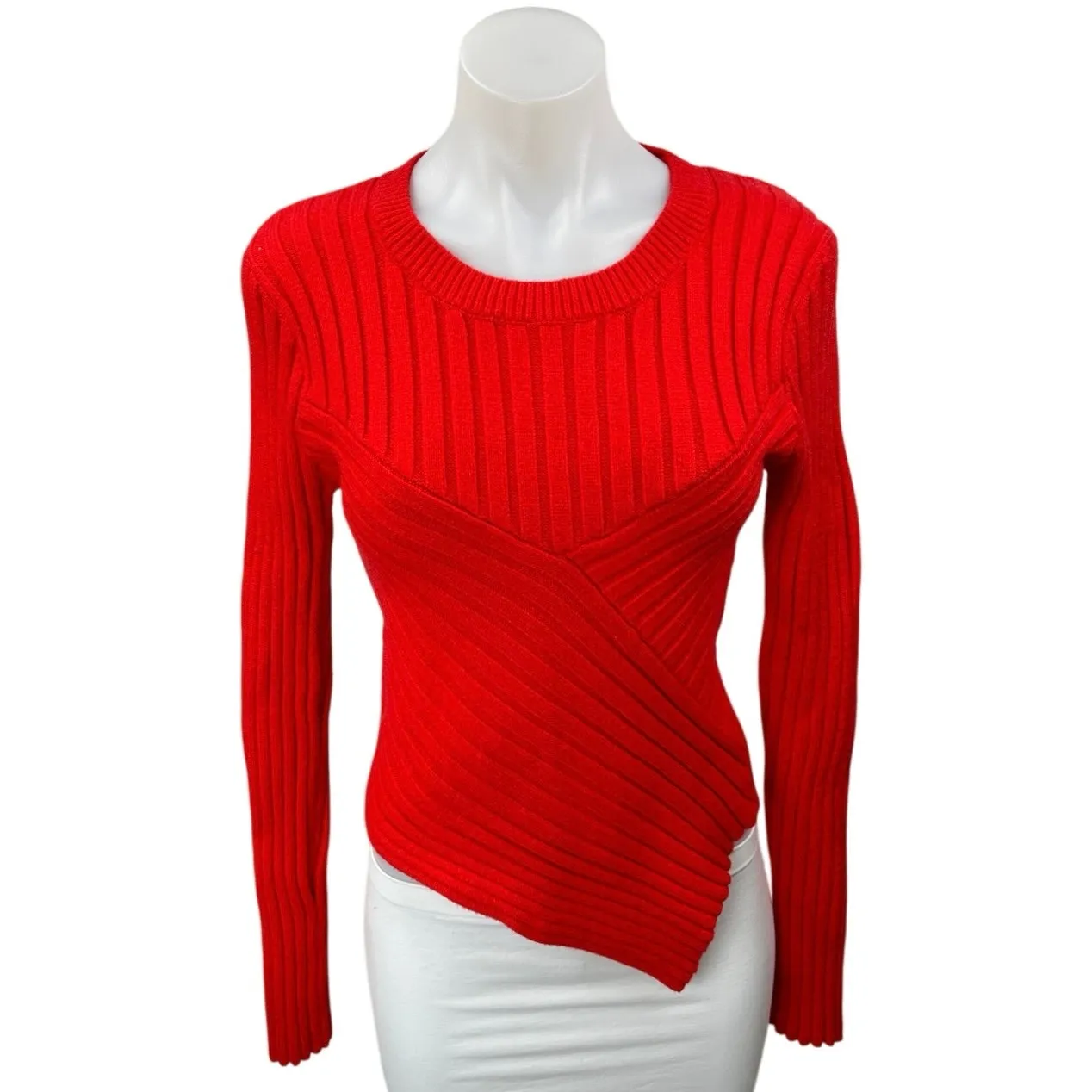 Steve Madden Melissa Red Rib Knit Asymmetrical Long Sleeve Sweater Top Size L - Image 5