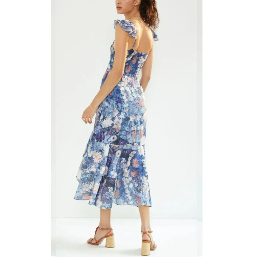 Hutch Women's Size 10 Blue Ruffled Maxi Dress Floral Cap Sleeve EUC - Image 2