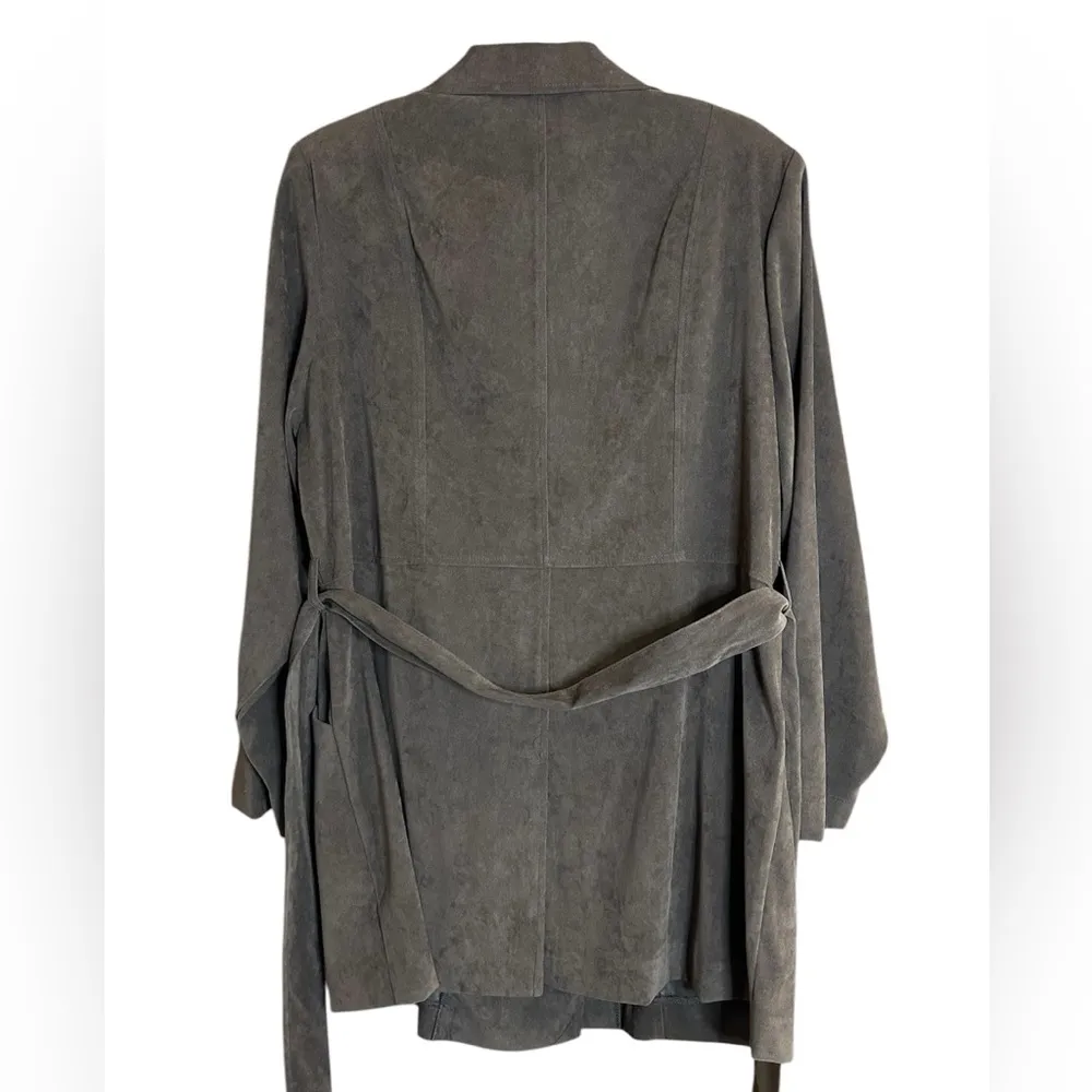 Dress Barn Chocolate Brown Faux Suede Tie Waist & Button Coat with Pockets - Image 3