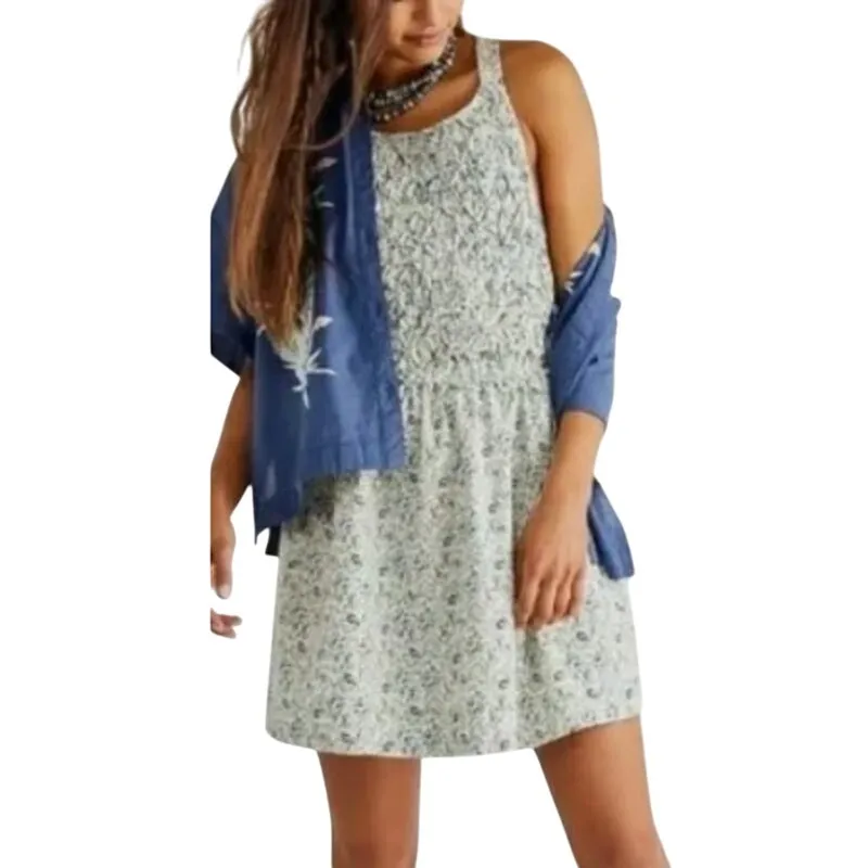 FREE PEOPLE Petunia Pinafore MINI DRESS Tea Combo Floral Women L Cottage Boho - Image 11