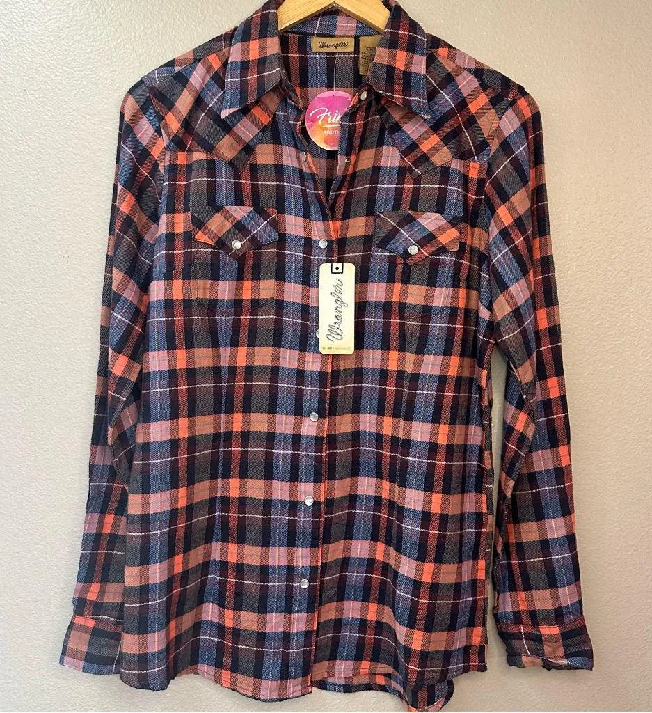 NWT Wrangler Plaid Pearl Snap Button Down Shirt Western Country - Image 2