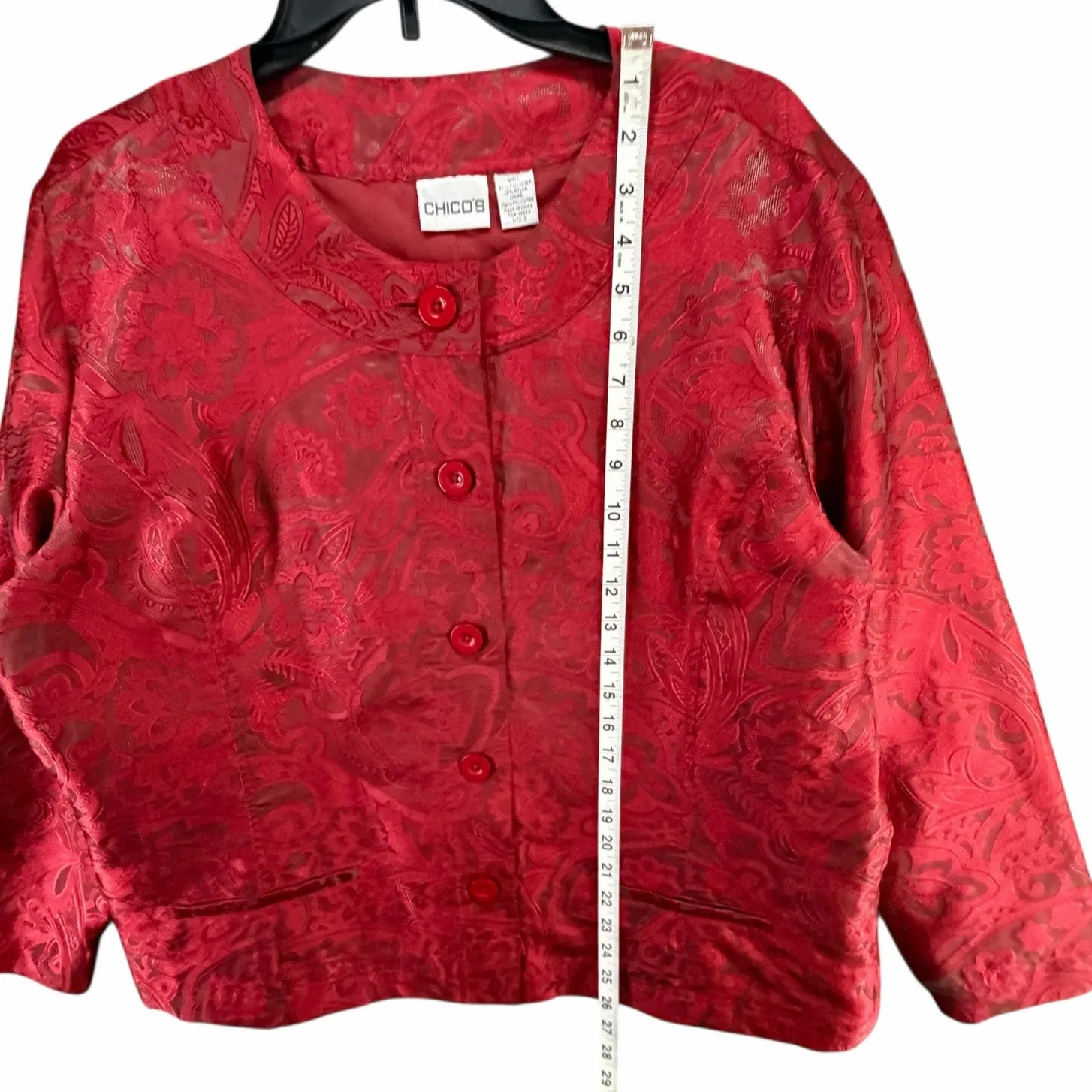 Chicos Textured Jacket Womens XL 3 Red Floral Paisley Button Up Romantic Holiday - Image 7