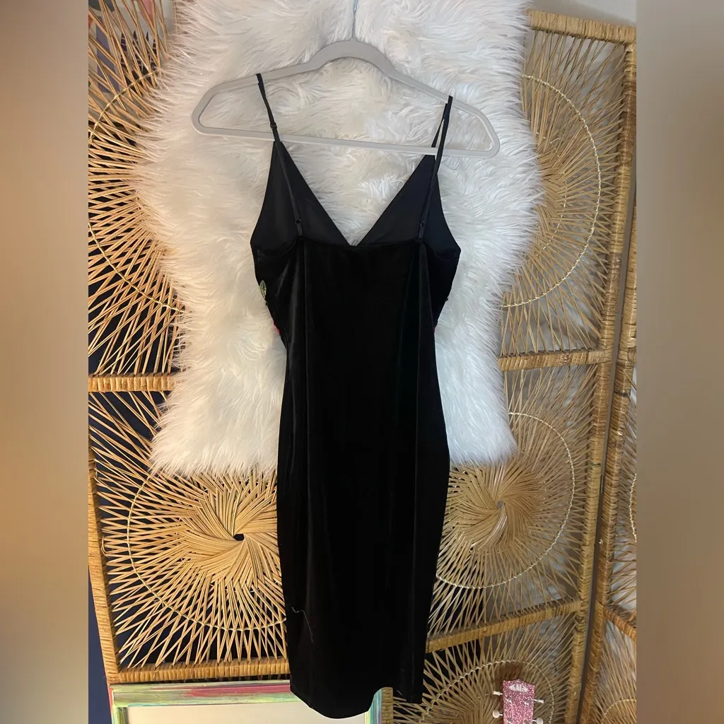 Black Velvet Bodycon V Neck Spaghetti Strap Dress w Red Floral Embroidery 🌹Goth - Image 6