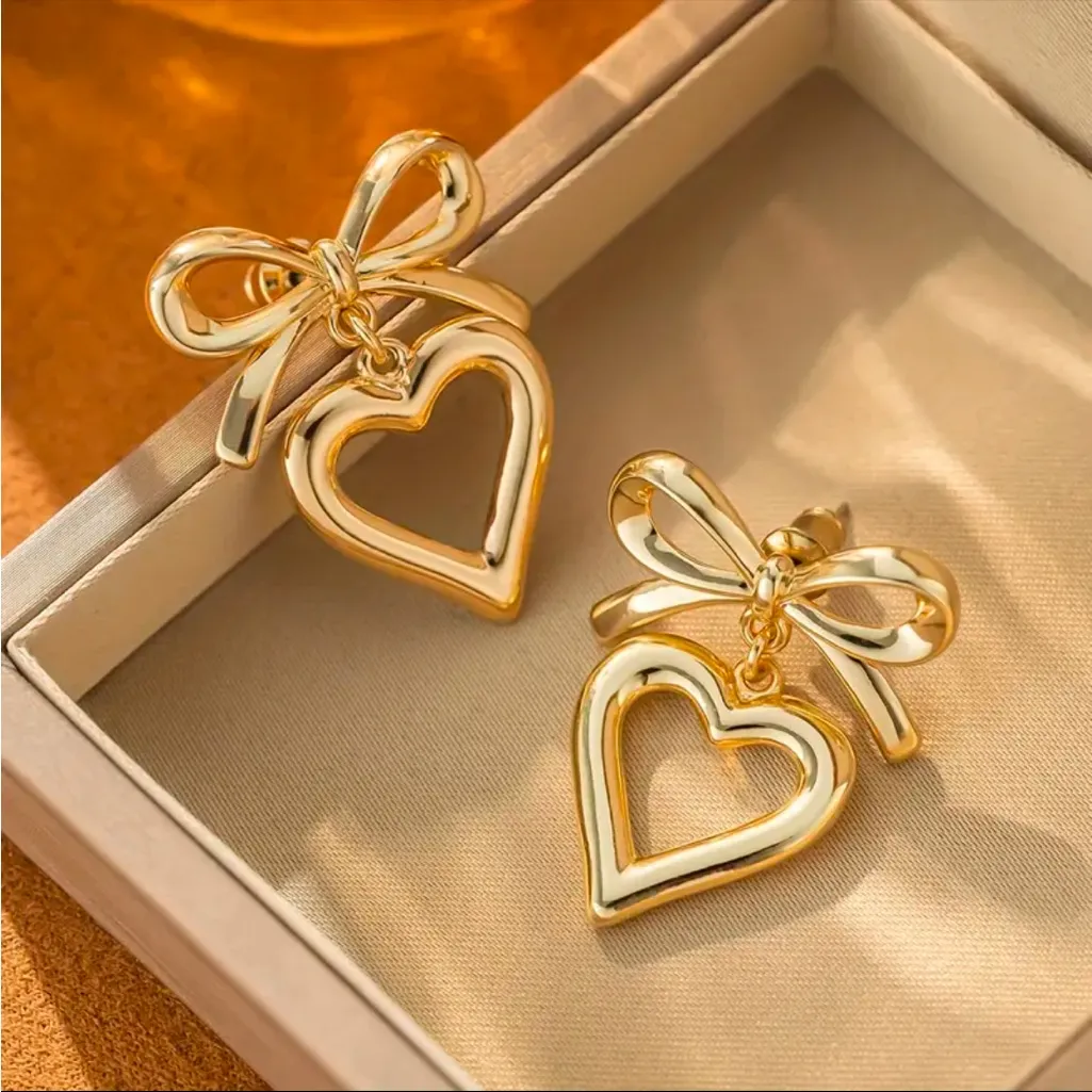 Gold Bow Heart Drop Earrings Elegant Open Heart Dangle Design NWT - Image 3