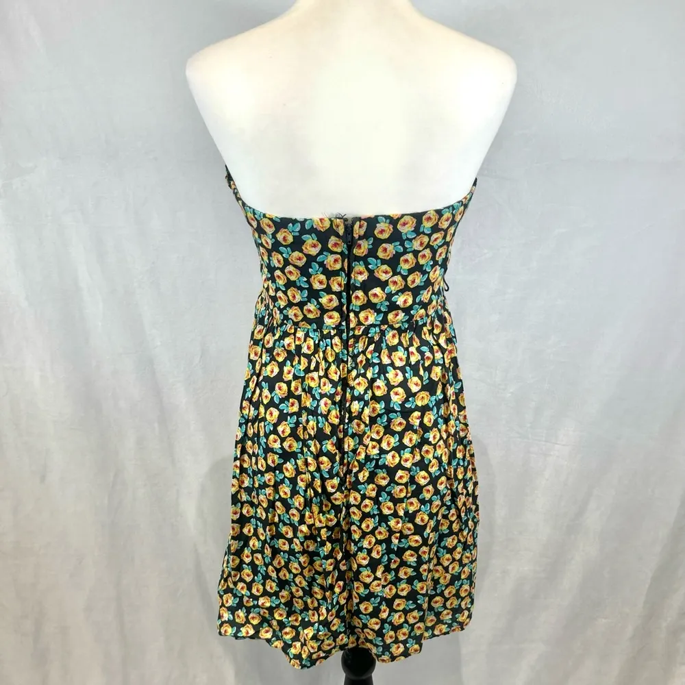 Yellow ditsy floral pleated ruffle sweetheart neck strapless cotton dress size 7 Size M - Image 3