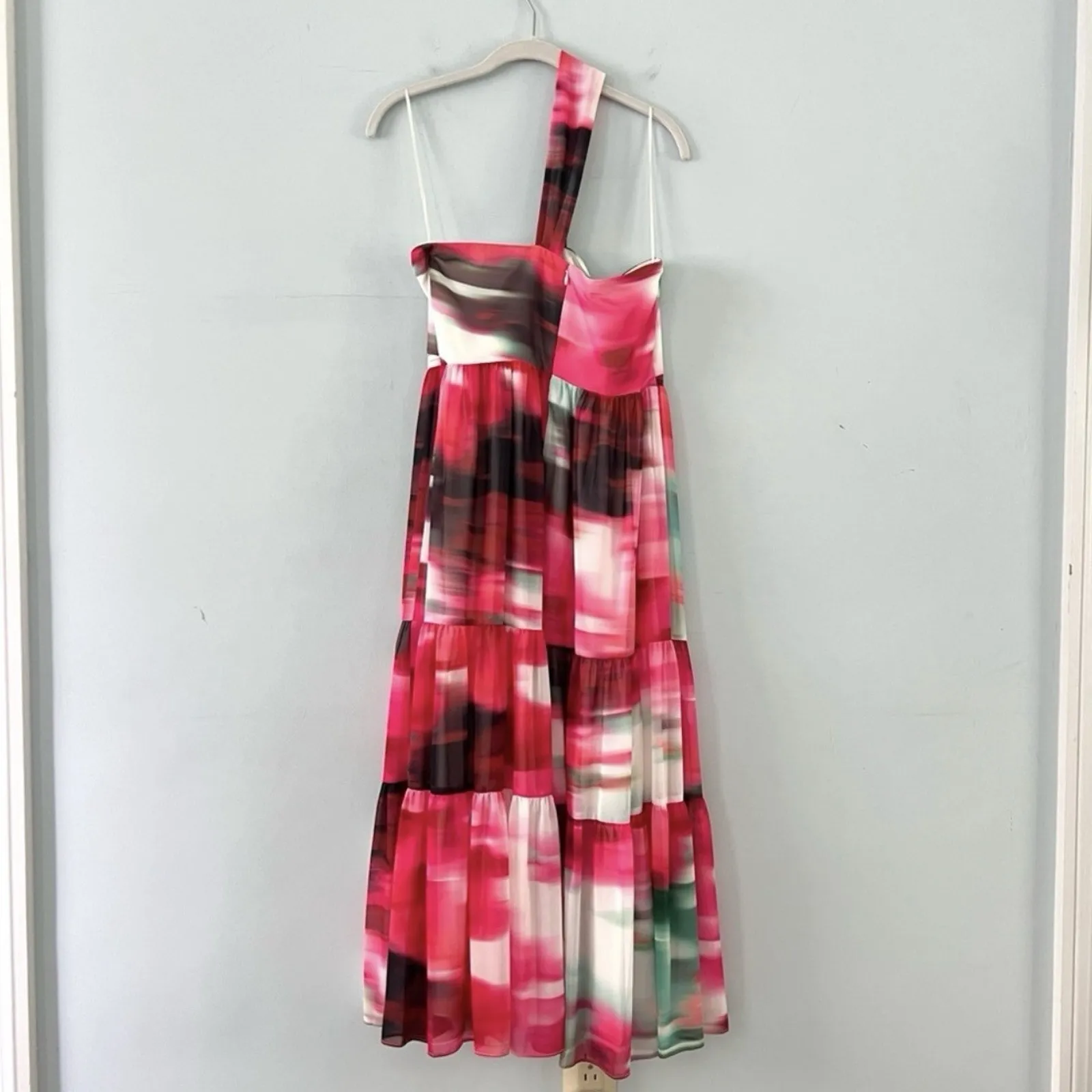 NWT Belle Badgley Mischka Remi Georgette One Sleeve Pink Multi Midi Dress - Image 4