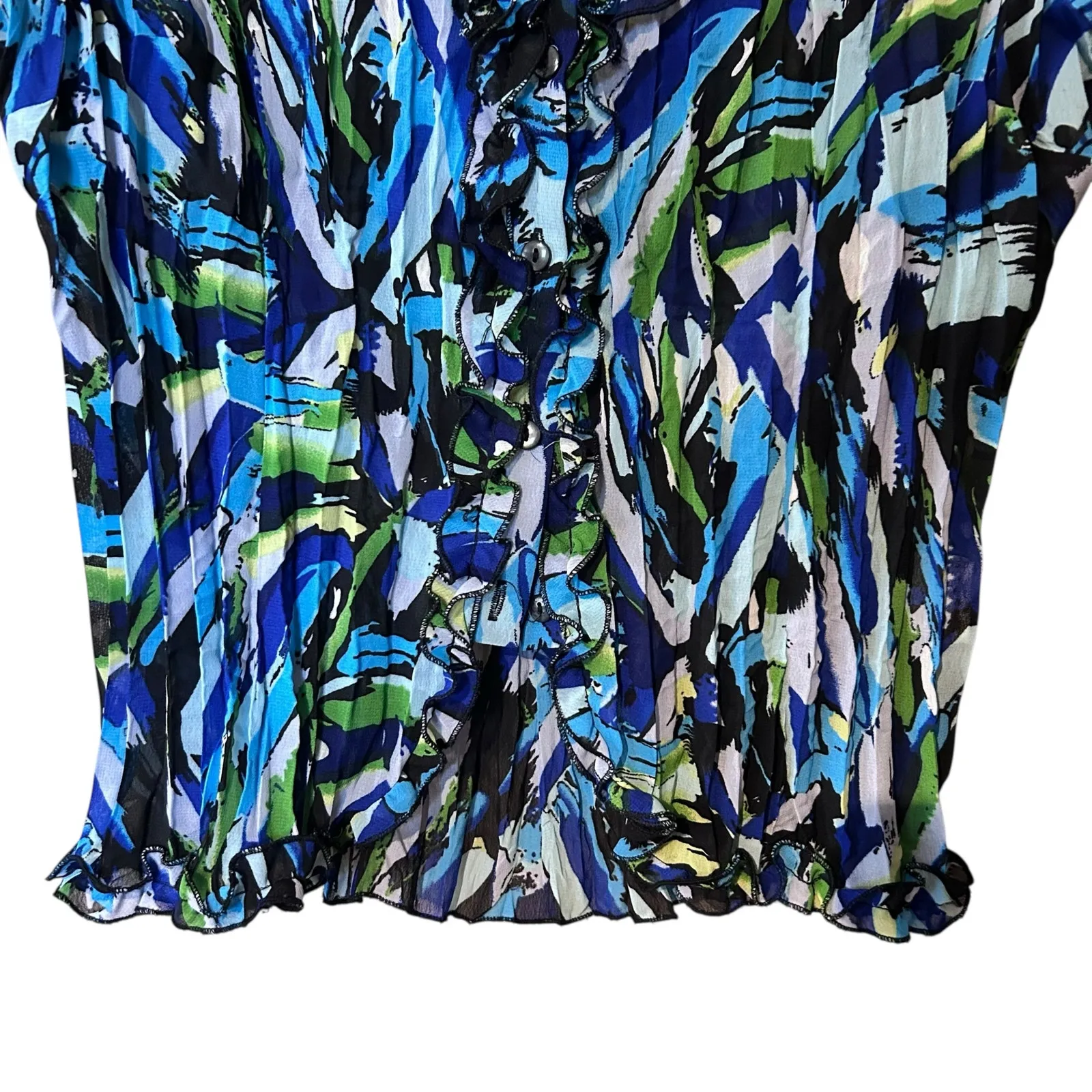 Crinkle Blouse Bell Sleeve Button Down Asymmetrical Hem Ruffles Notations PXL - Image 4