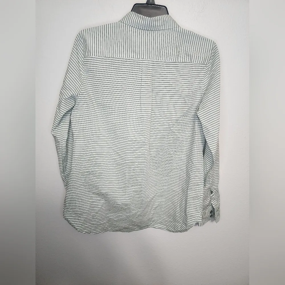 New Garnet Hill Essential Cotton Button Front Shirt Green White Stripe 4 - Image 4