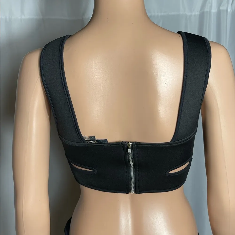 Black Crop Top by Black M, Side Cutout Zip Back Bra Top Medium - Image 3