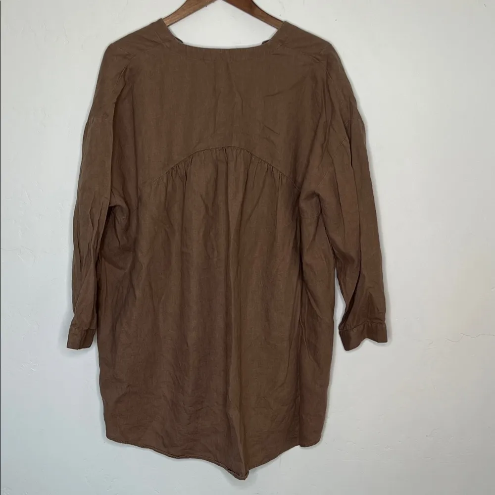Zara Linen V- Neck Tunic Blouse Brown Oversized Lagenlook Long Sleeve  Large - Image 4