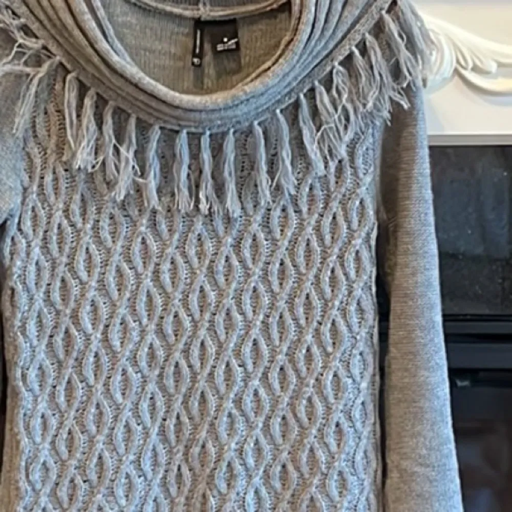 Sweater Tunic Short Dress Drape Neck Cable Knit Fringe Womens Medium - Image 7