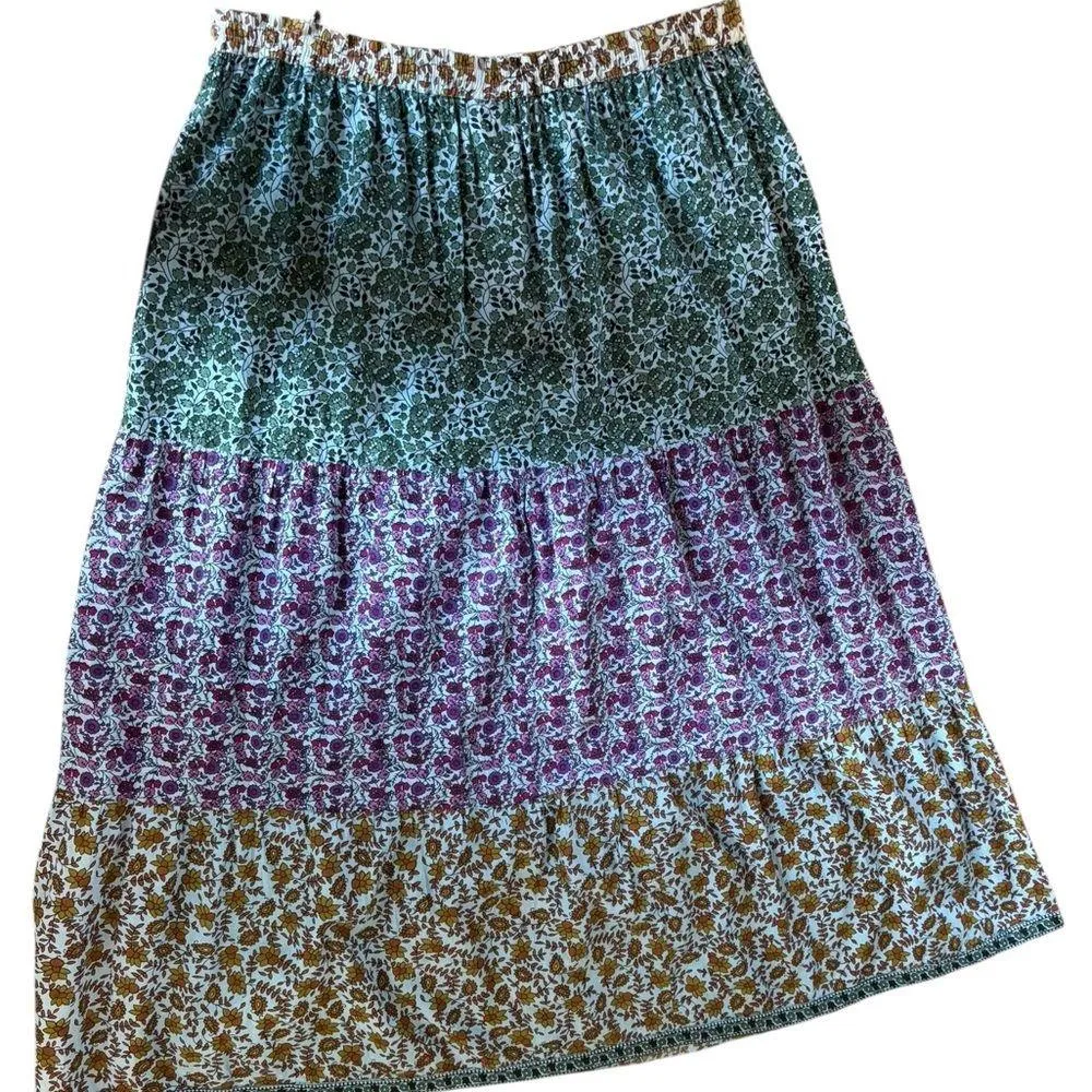 Floral Peasant Tiered Flare Skirt OS Drawstring Waist Floral Pattern Cotton - Image 2