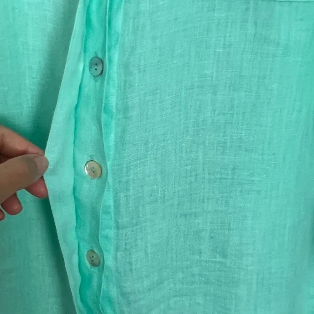 Mariluna Womens Linen Shirt 1X Quiet Luxury Lagenlook Coastal Nautical Beachy Green - Image 7