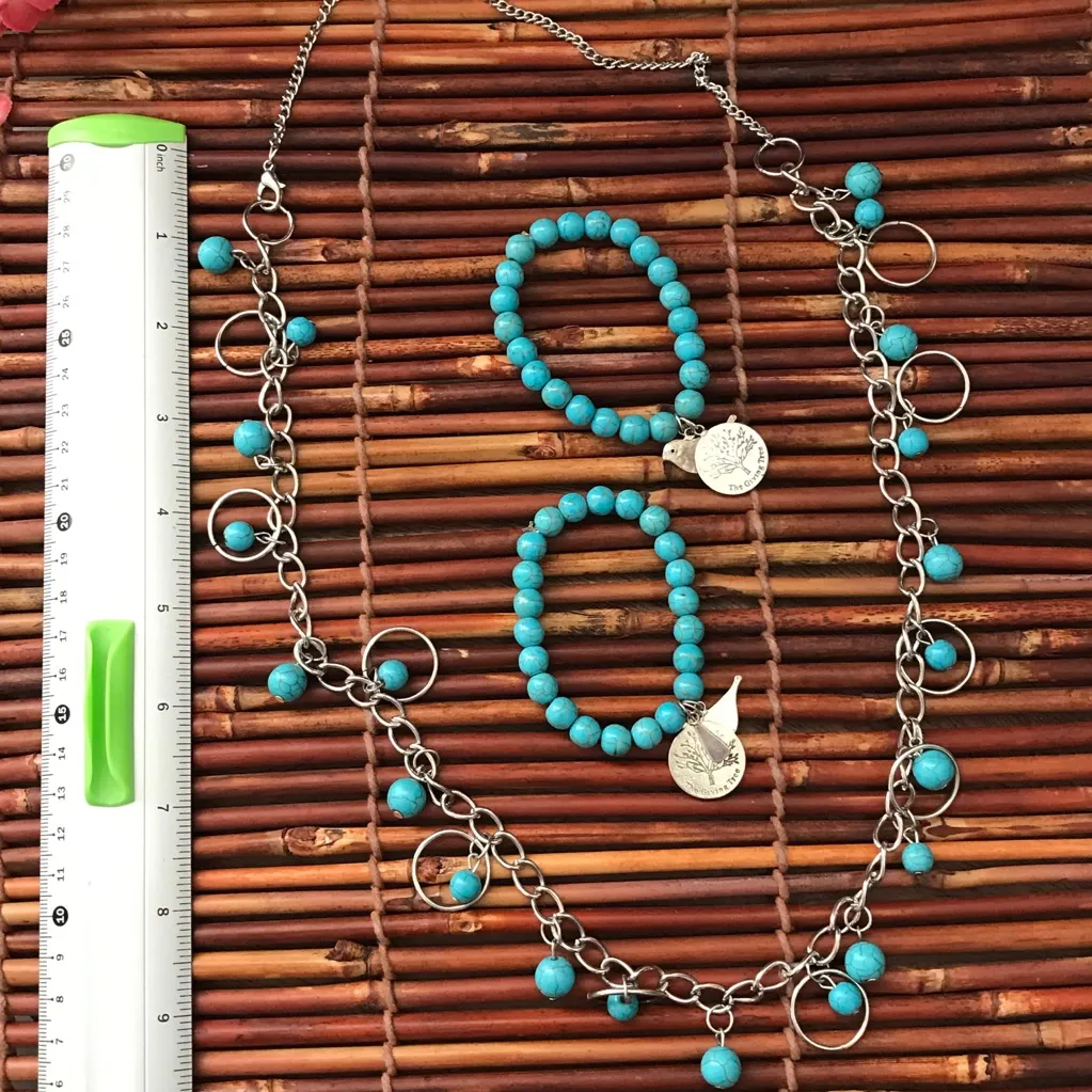 Faux Turquoise & Silver Tone Necklace & Bracelets Blue - Image 7