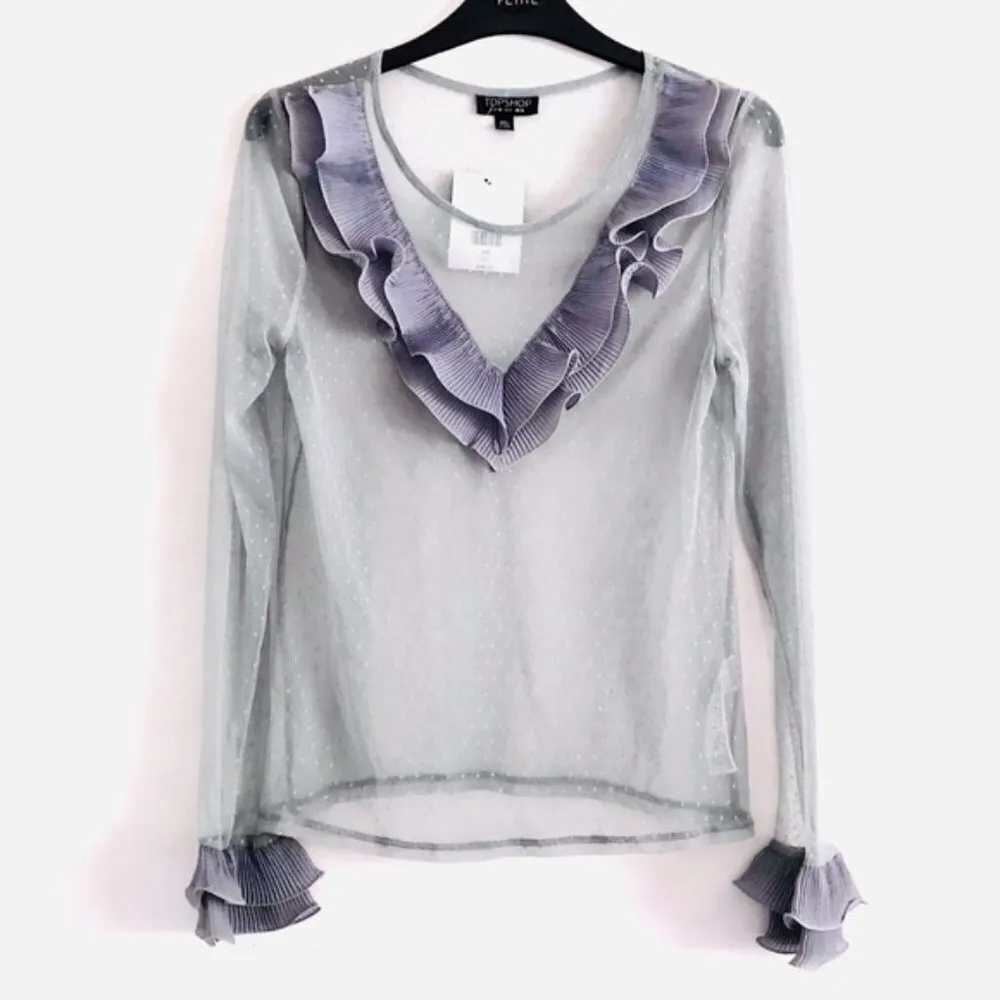 Topshop Blouse 6 NWT V Ruffle Swiss Dot Mesh Sheer Trendy Spring - Image 3