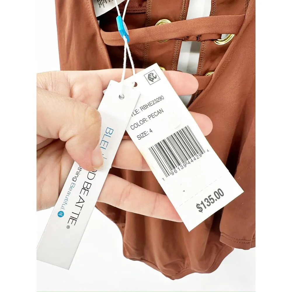 Bleu Rod Beattie Hole In One Plunge Strappy Lace Up Pecan One Piece Swimsuit NWT - Image 5