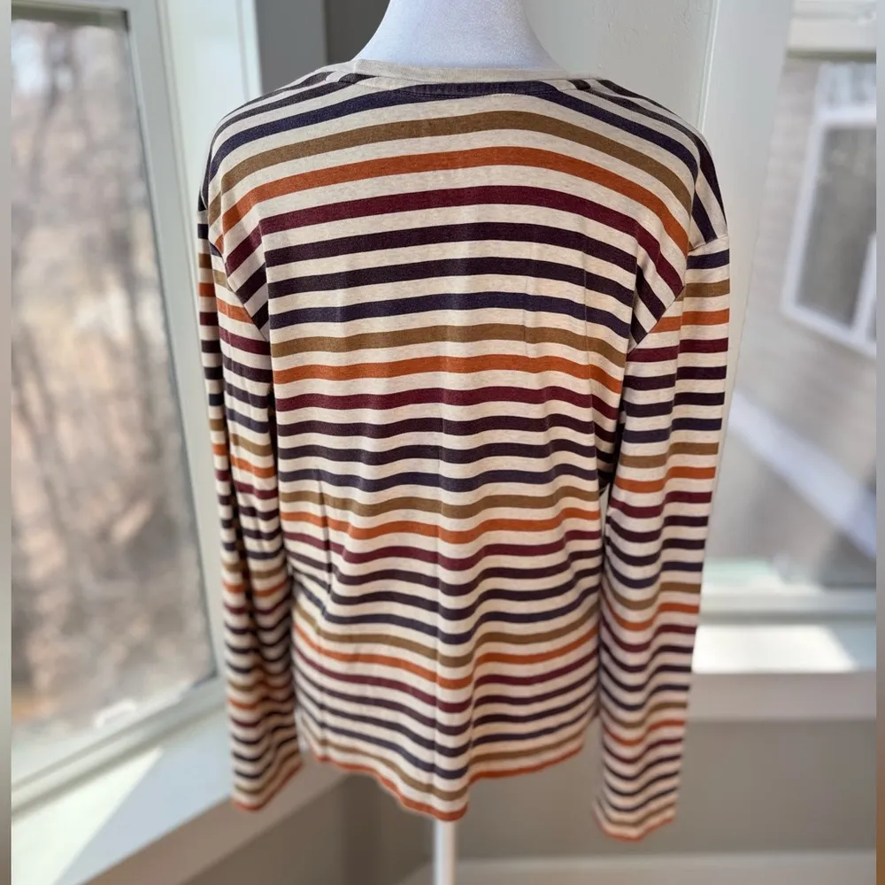 Vintage NorthCrest Cream Autumn Tone Multicolored Striped Long Sleeve Tee Shirt Pink Size M - Image 3