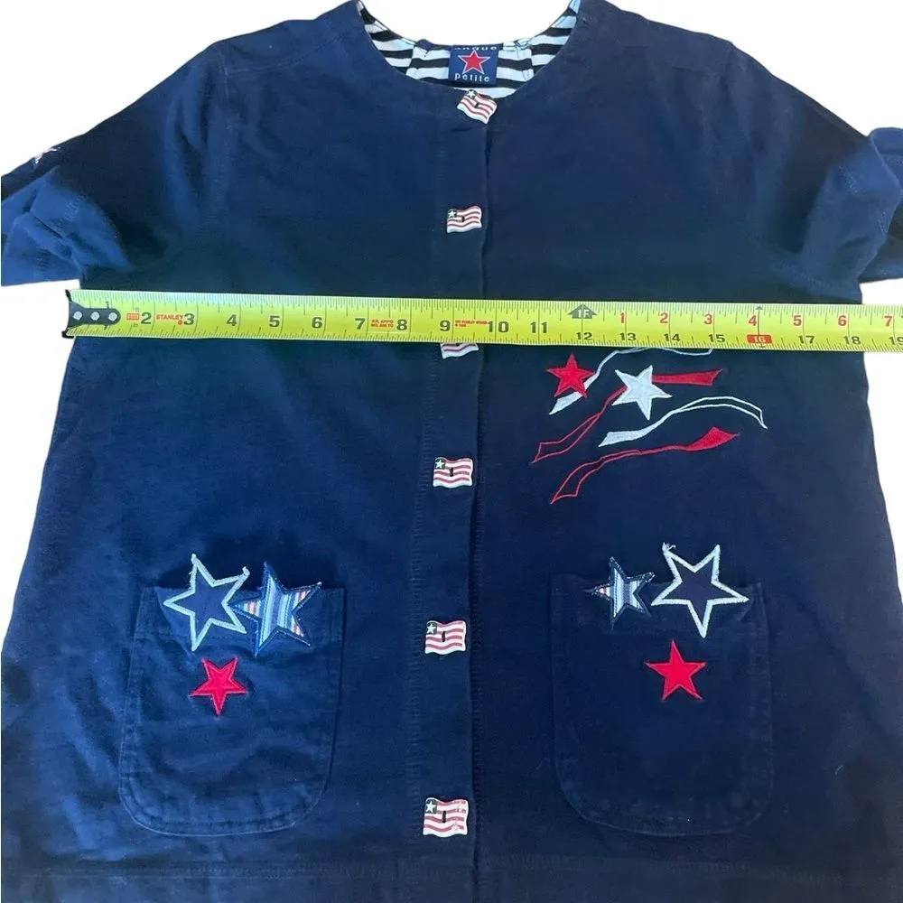 Onque Petite Patriotic Flag Stars Button Up Sweater Short Sleeve Red White Blue - Image 10