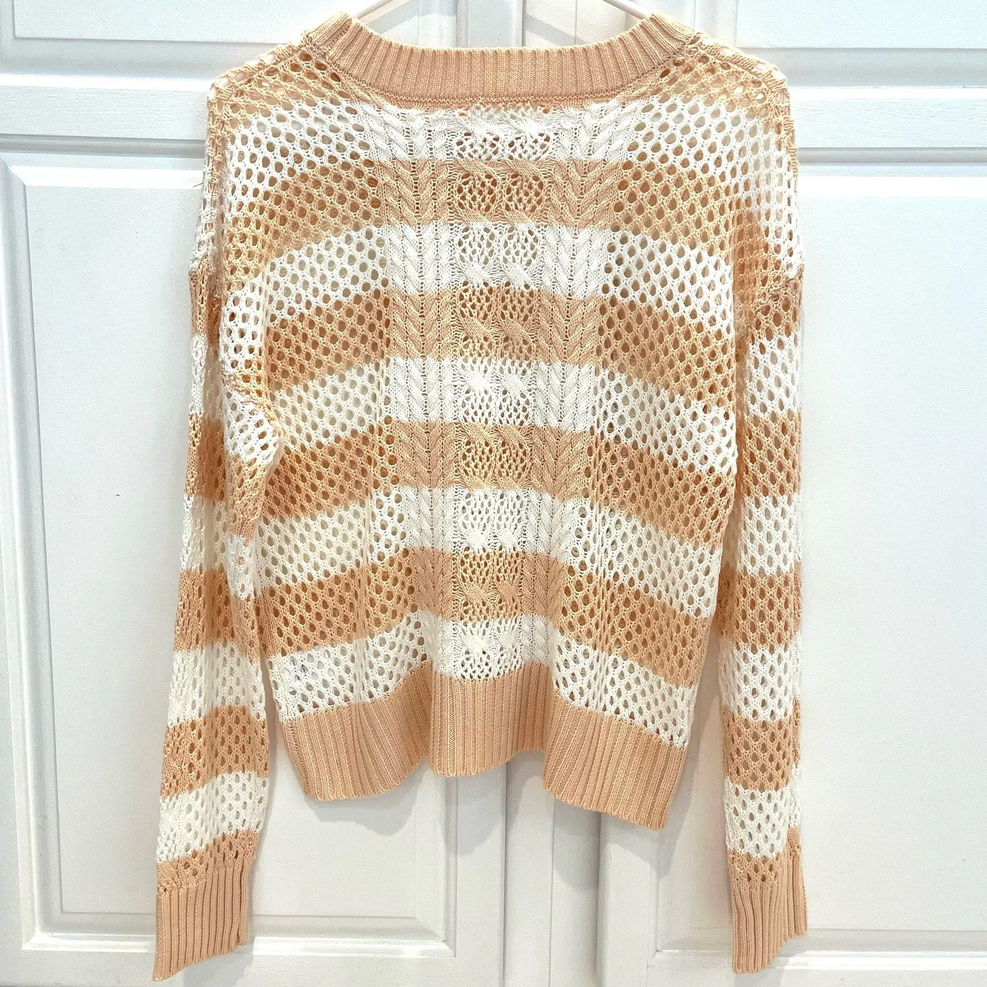 Mia & Tess Sweater Womens S Striped Cable Open Knit Peach White Multiple - Image 2