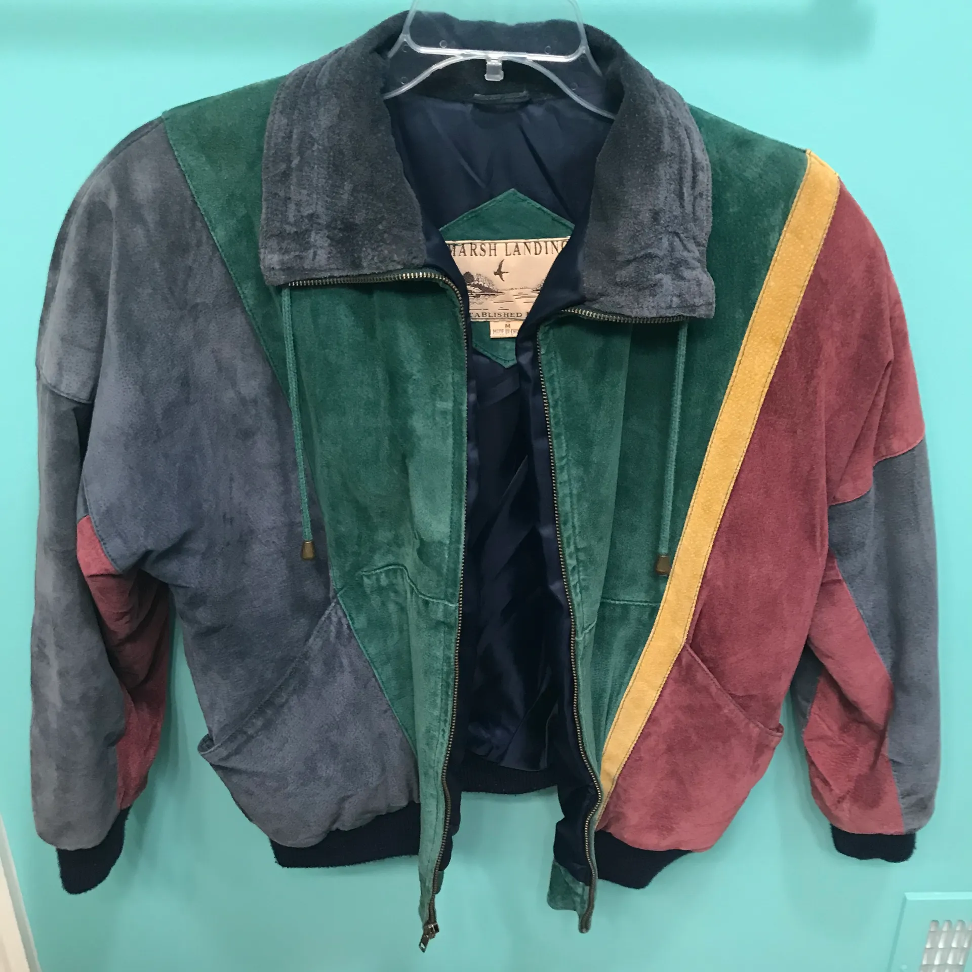 Marsh Landing Vintage Leather Colorblock Bomber Jacket - Image 3