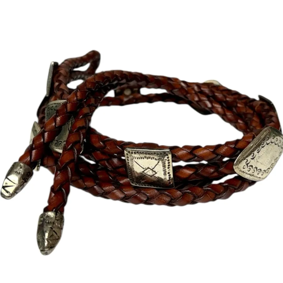 Vintage Braided Brown Leather Silver Concho Belt Western Bolo Style Rope Belt - Image 3