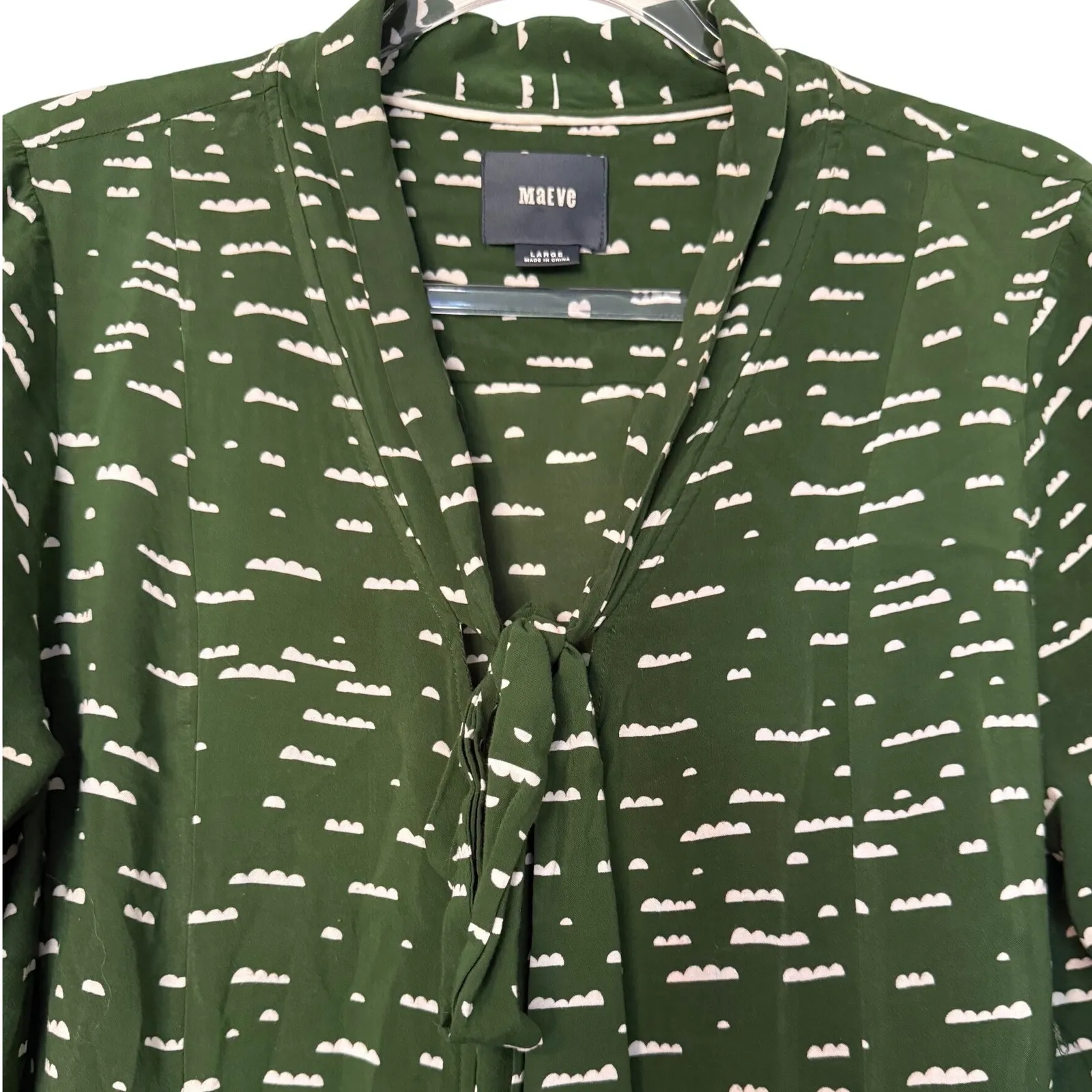 Maeve Green Cream Print Button Up Tie Neck Long Sleeve Tunic Top Size L - Image 6