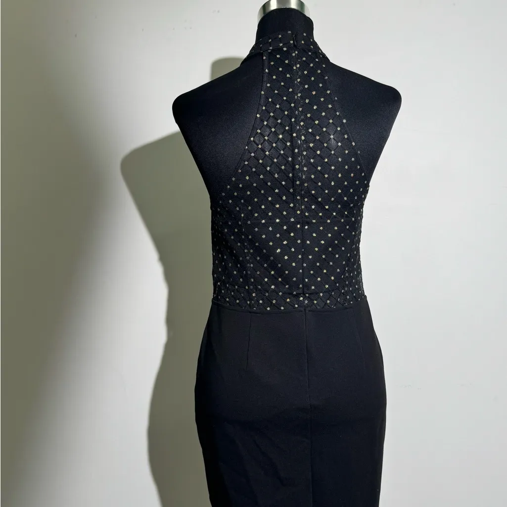 Superdown Black Halter Neck Bodycon Dress Gold Dot Mesh Size L - Image 5