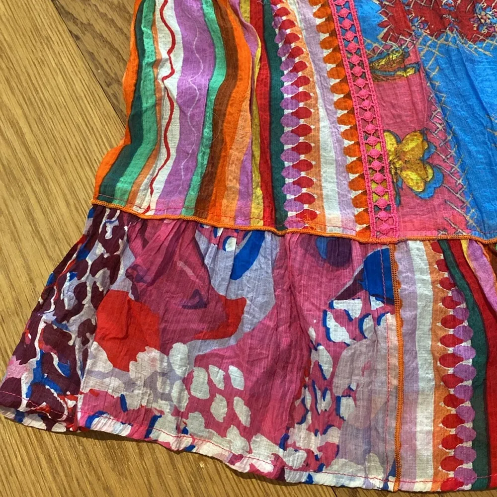 Calessa Fiesta Patchwork Print Boho Hippie Festival Square Neck Top Sz SMALL Pink - Image 9