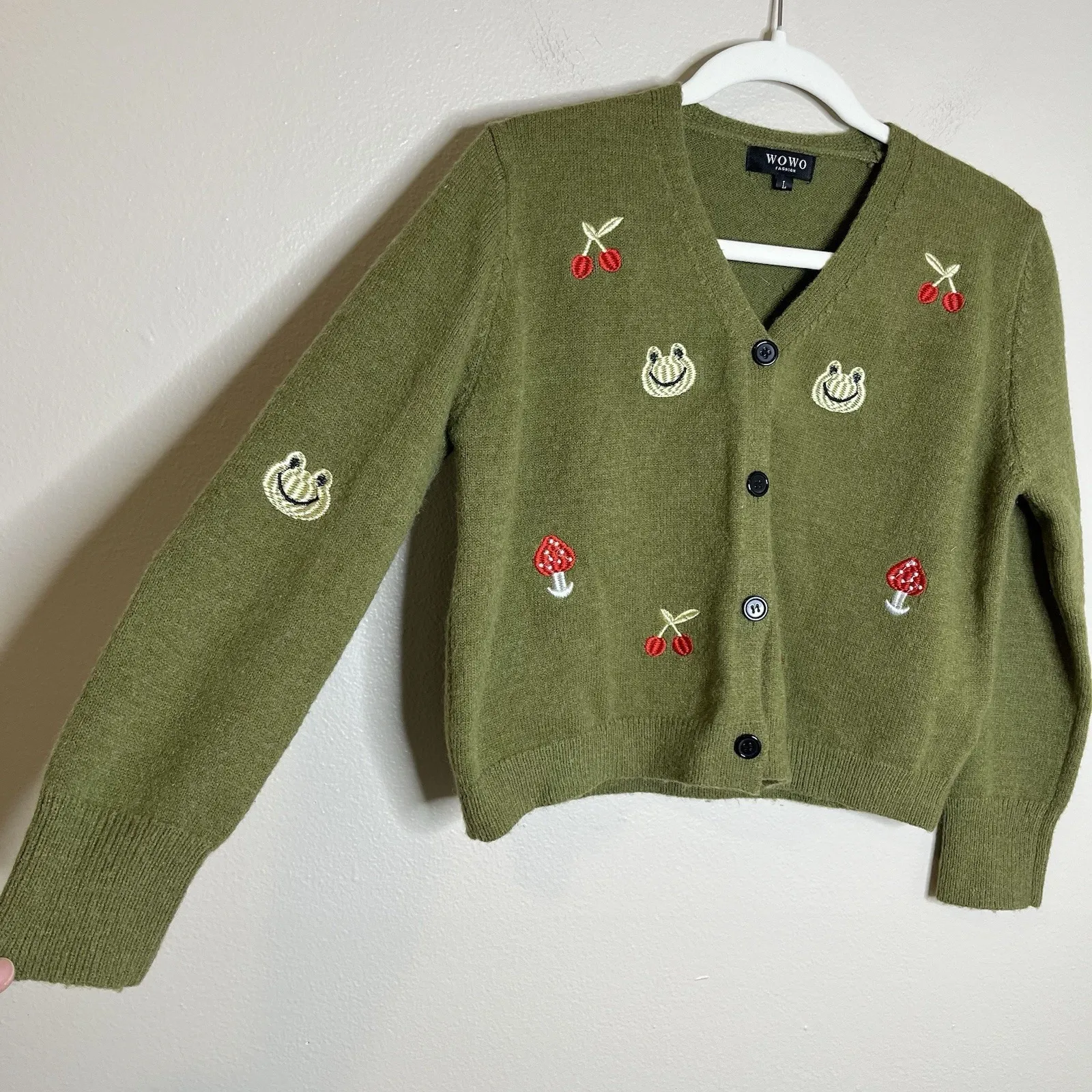Green Cardigan Novelty Cropped Frogs Mushrooms Embroidered Cherry Cute Kid Core Size M - Image 4